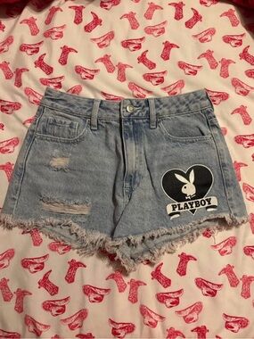 PLAYBOY Light Wash Distressed Denim Shorts with Heart Logo